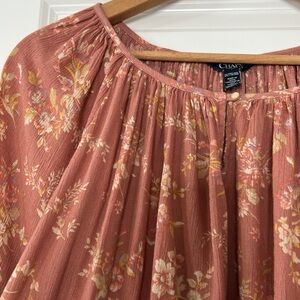 Chaps RL Floral Print Long Sleeve Peasant Blouse 2X Blush Rose